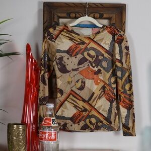 Vintage 70s abstract people graphic long sleeve polyester top